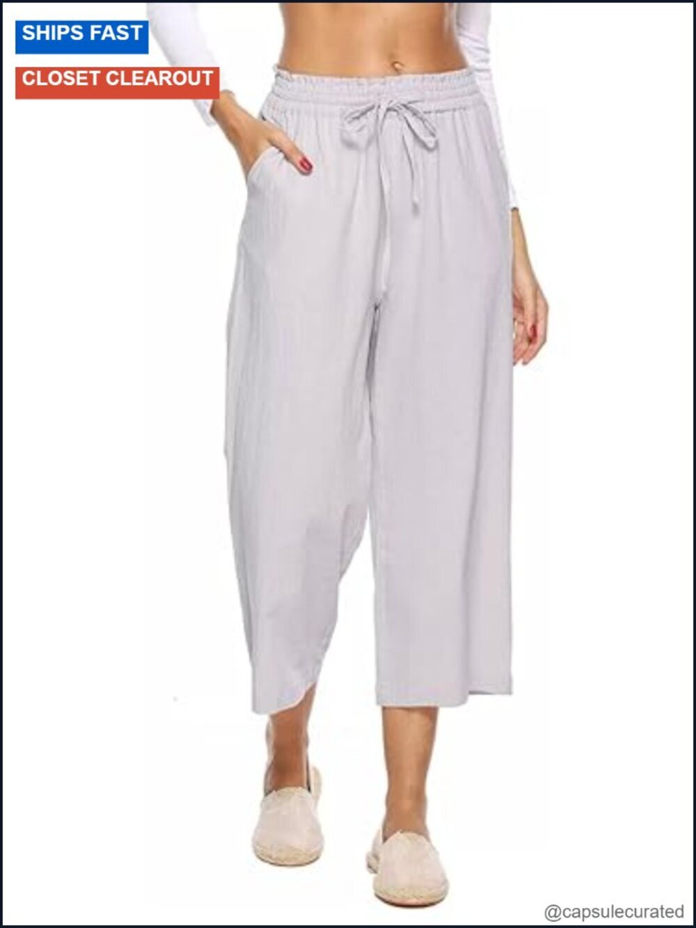 Linen Wide Leg High Waisted Capri Pants with Pockets